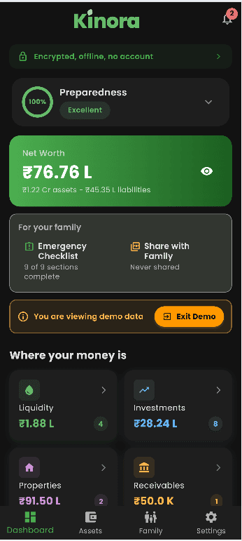 The Kinora dashboard in dark mode: a preparedness score, net worth, and asset categories
