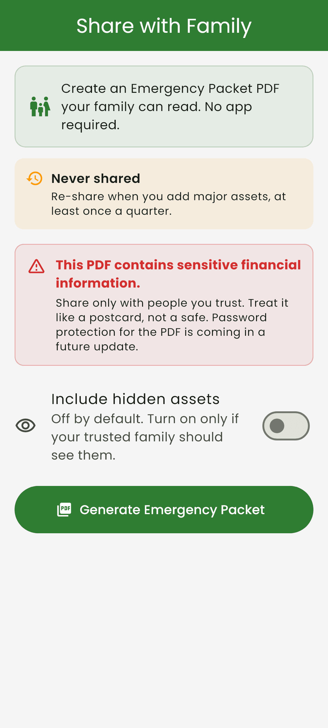 Kinora's Share with Family screen, where the Emergency Packet PDF is generated