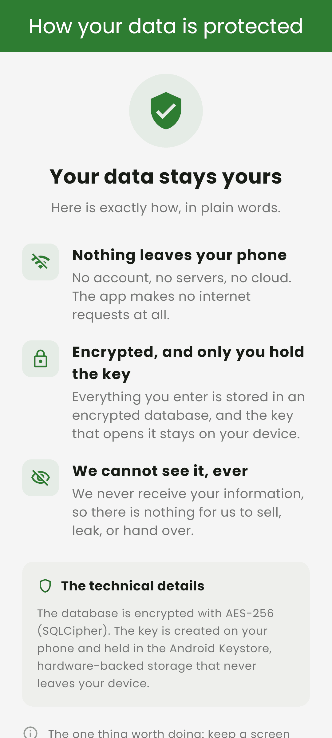 Kinora's in-app security page, explaining plainly what is and is not protected